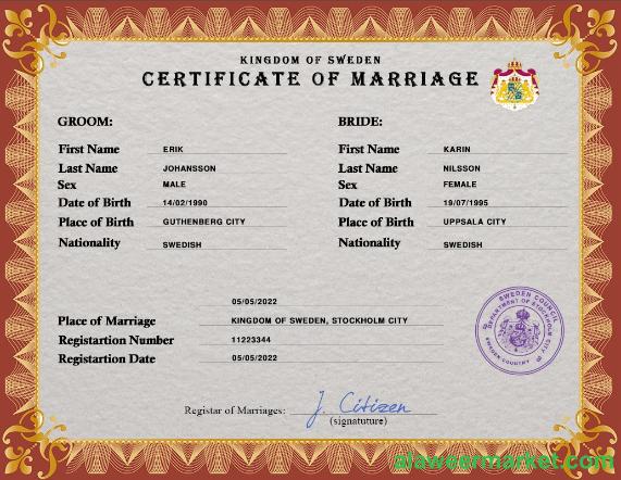 Sweden marriage certificate PSD template